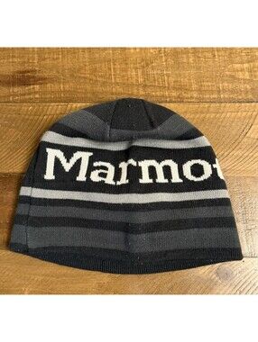 Marmot Unisex  Hat One Size Acrylic Knit Beanie Gray Black Stripes Ski Snow